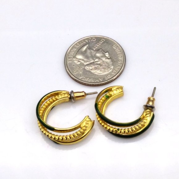 Vintage Enamel Triple Hoop Earrings, Gold Tone and Forest Green - Picture 4 of 4